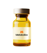 A small amber glass vial labeled "Metabolixx" with a gold cap